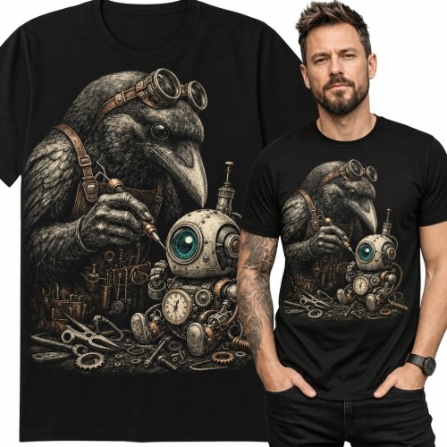 Koszulka męska z krukiem mechanikiem i robotem - steampunkowy warsztat