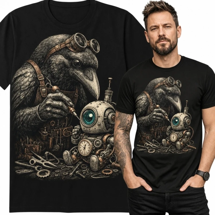 Koszulka męska z krukiem mechanikiem i robotem - steampunkowy warsztat