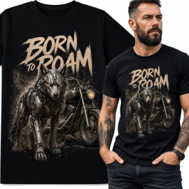 Koszulka męska z mechanicznym wilkiem i motocyklem „Born to roam”