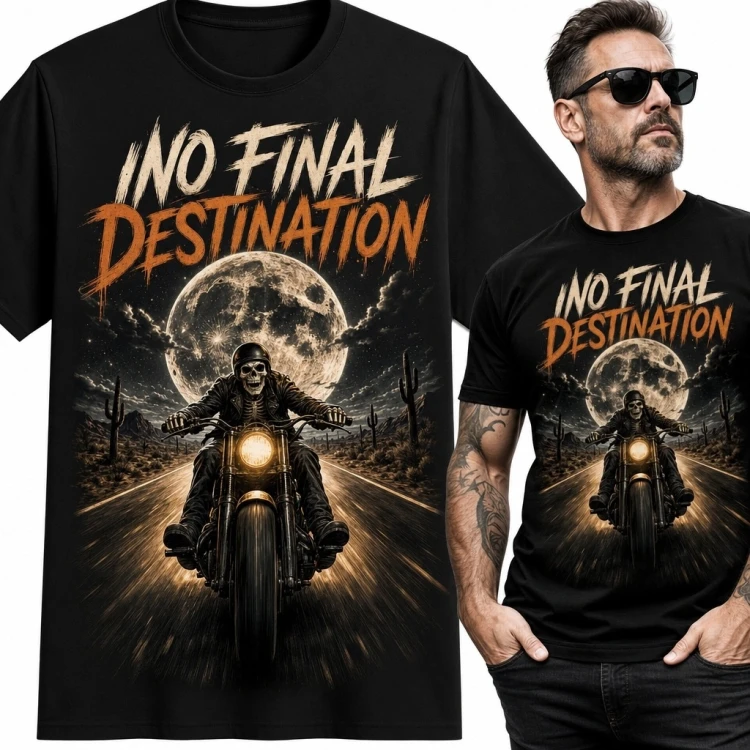 Koszulka męska dla motocyklisty „No Final Destination” - szkielet na motocyklu