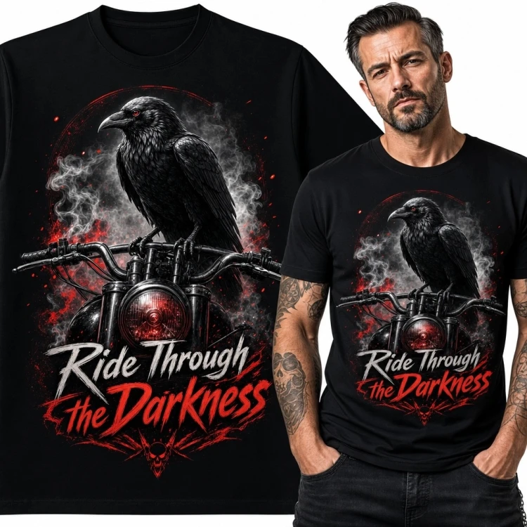 Koszulka męska czarna z krukiem na motocyklu „Ride Through the Darkness” - czerwony reflektor