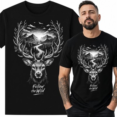 Koszulka męska z jeleniem i górami „Follow the Wild” - czarna