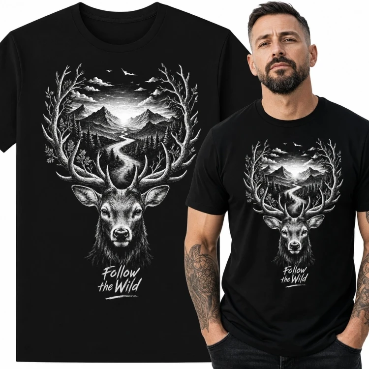 Koszulka męska z jeleniem i górami „Follow the Wild” - czarna