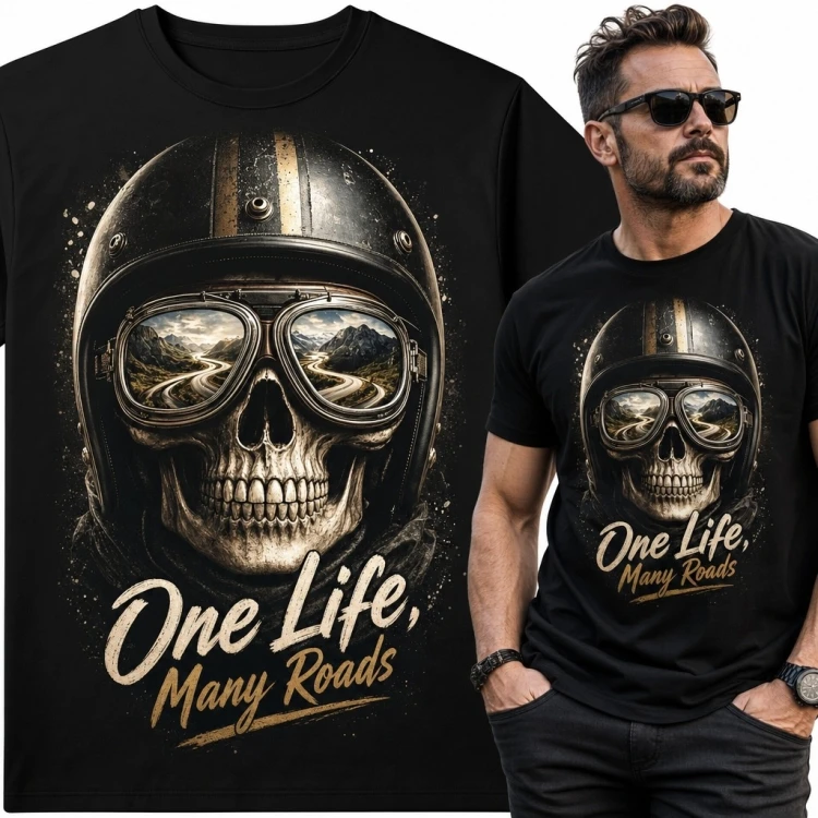 Koszulka męska z czaszką motocyklisty „One Life, Many Roads” - motyw retro