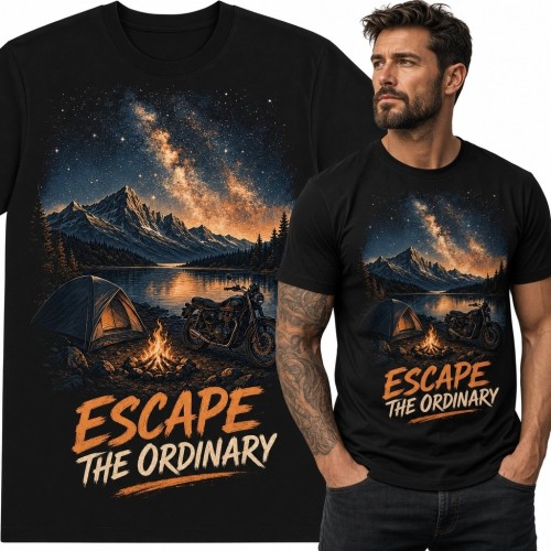 Koszulka męska dla motocyklisty „Escape the Ordinary” - nocny biwak w górach