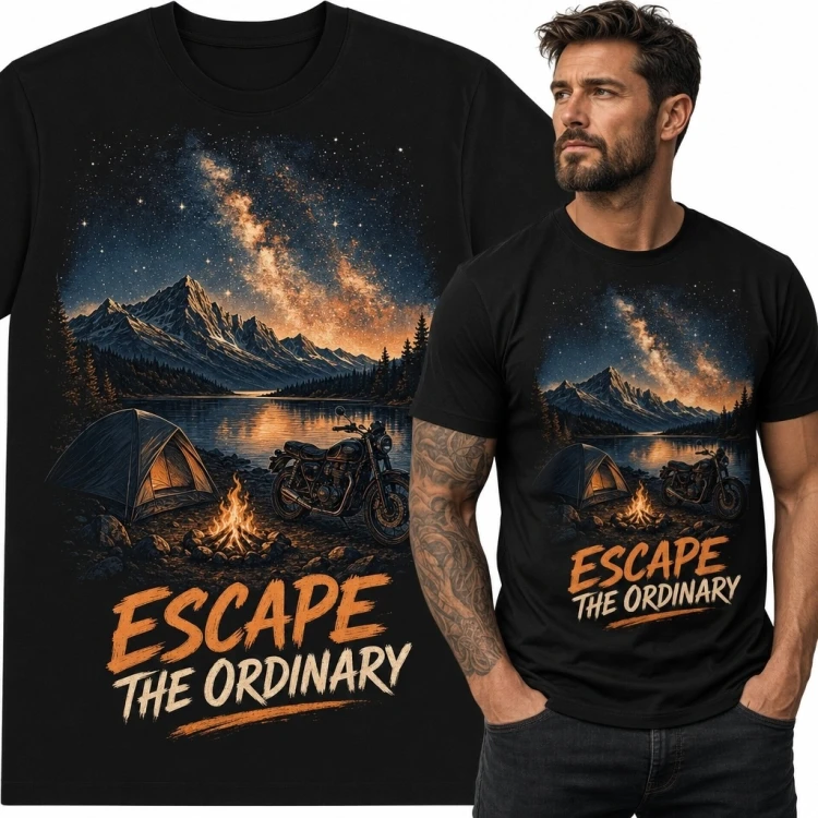 Koszulka męska dla motocyklisty „Escape the Ordinary” - nocny biwak w górach