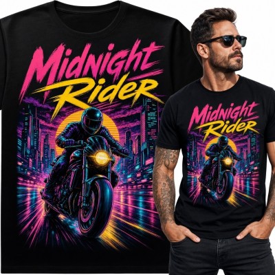 Koszulka męska dla motocyklisty z napisem „Midnight Rider” - neonowe miasto