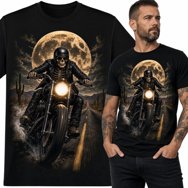 Koszulka męska ze szkieletem motocyklisty - nocna jazda w pełni księżyca