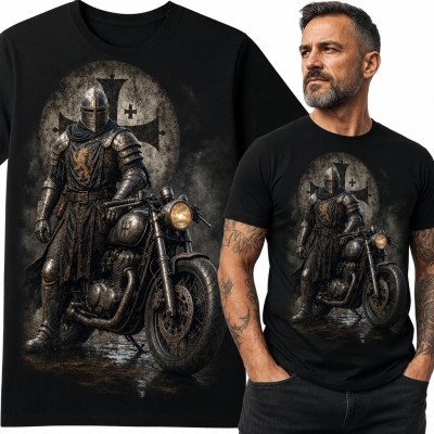 Koszulka męska z rycerzem i klasycznym motocyklem - mroczny motyw fantasy