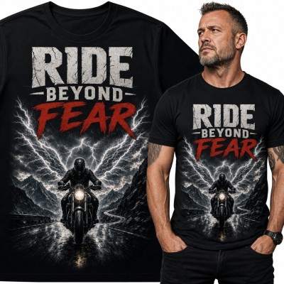 Koszulka męska dla motocyklisty „Ride Beyond Fear” - burzowa górska trasa