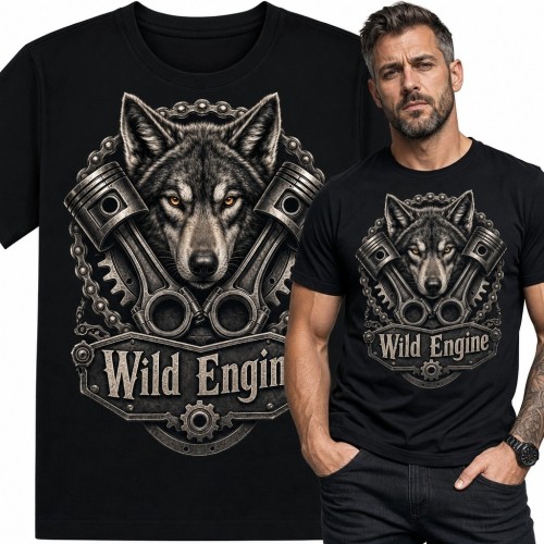 Koszulka męska z wilkiem i tłokami „Wild Engine” - wzór motoryzacyjny