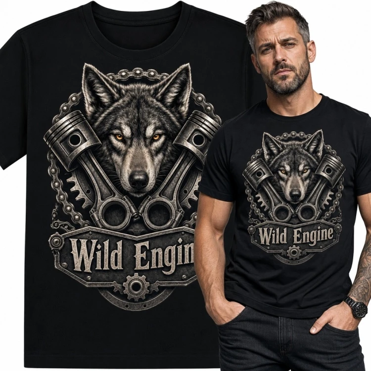 Koszulka męska z wilkiem i tłokami „Wild Engine” - wzór motoryzacyjny