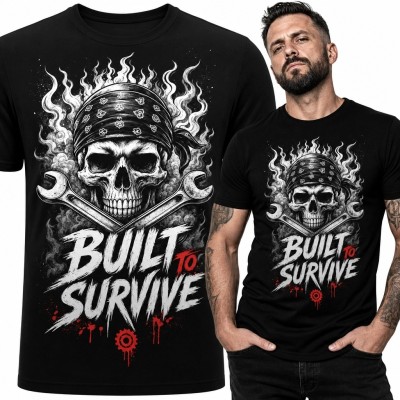 Koszulka męska dla mechanika z czaszką „Built to Survive” - skrzyżowane klucze