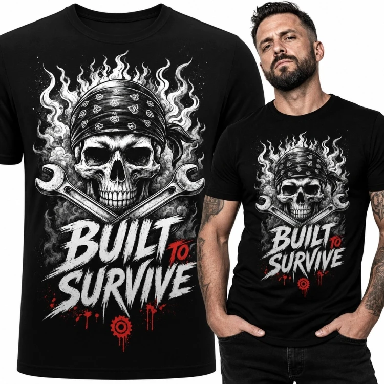 Koszulka męska dla mechanika z czaszką „Built to Survive” - skrzyżowane klucze
