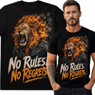 Koszulka męska z ryczącym lwem „No Rules No Regrets” - rockowo-motocyklowy nadruk