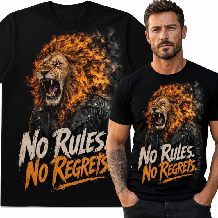 Koszulka męska z ryczącym lwem „No Rules No Regrets” - rockowo-motocyklowy nadruk