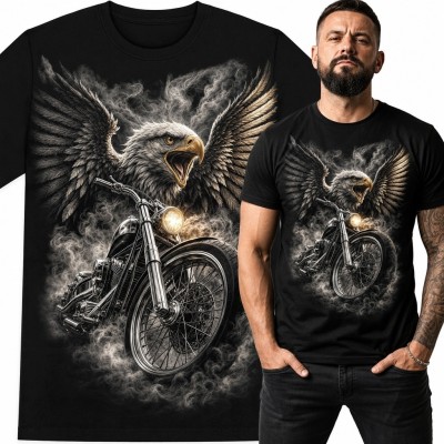 Koszulka męska z orłem i motocyklem chopper - mroczny wzór biker
