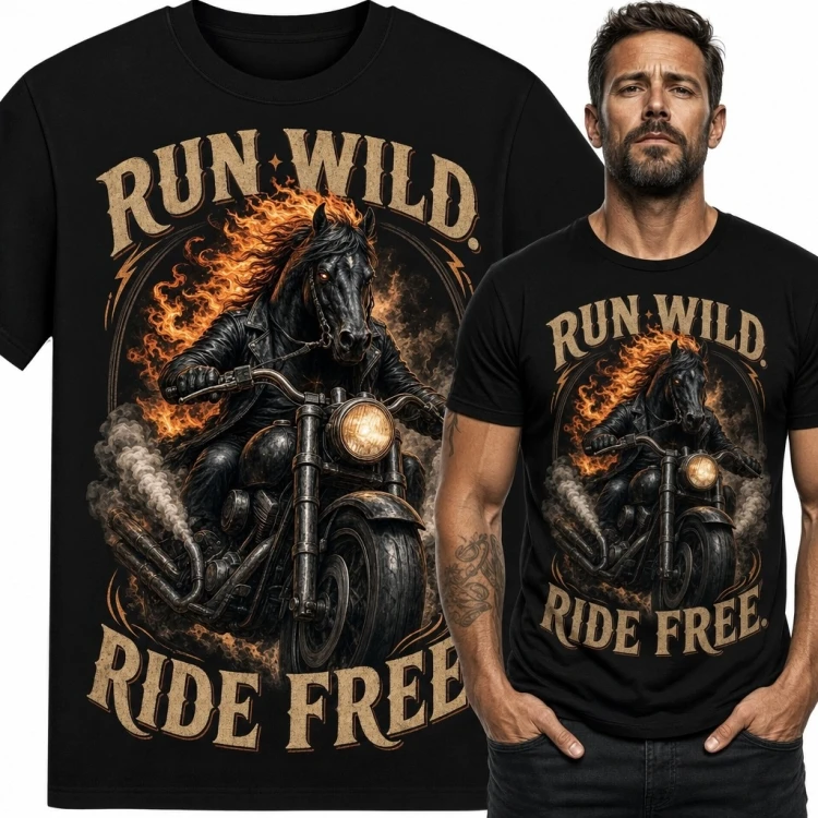 Koszulka męska dla motocyklisty z ognistym koniem „Run Wild! Ride Free!”