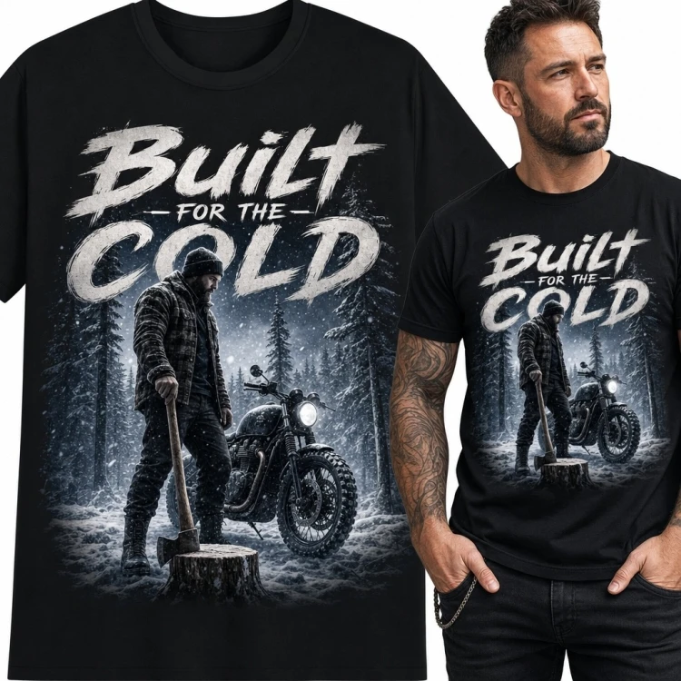 Koszulka męska z motocyklem i drwalem „Built for the Cold”