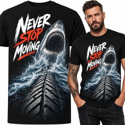 Koszulka męska z rekinem i napisem „Never Stop Moving” - wzburzony ocean