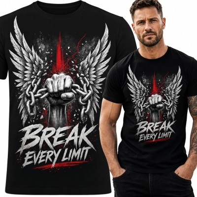 Koszulka męska z pięścią zrywającą łańcuch „Break Every Limit” - motyw siły i wolności