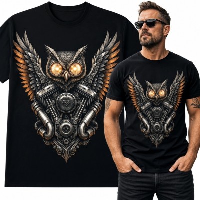 Koszulka męska z mechaniczną sową i silnikiem V - steampunkowy wzór