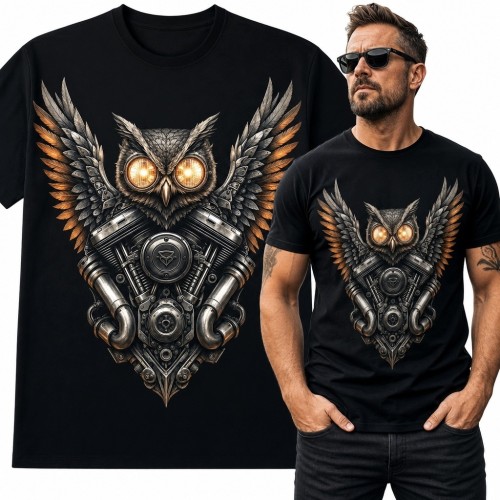 Koszulka męska z mechaniczną sową i silnikiem V - steampunkowy wzór