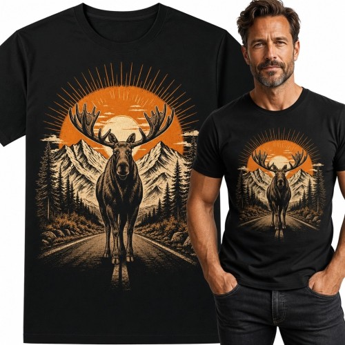 Koszulka męska z łosiem na górskiej drodze - wzór retro outdoor