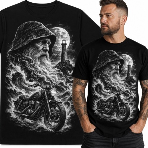 Koszulka męska z motocyklem pośród sztormowych fal - mroczne morskie fantasy