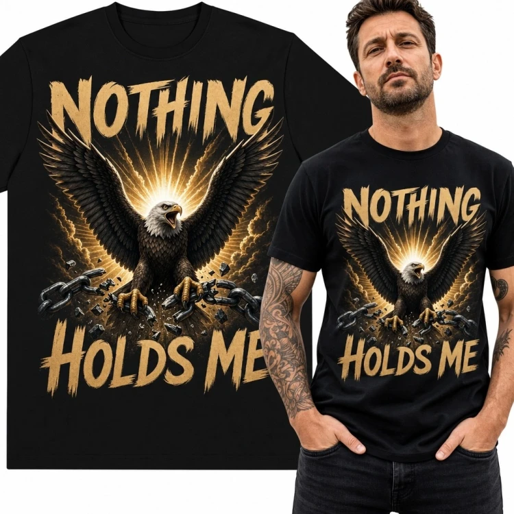 Koszulka męska z bielikiem zrywającym łańcuchy „Nothing Holds Me” - motyw wolności