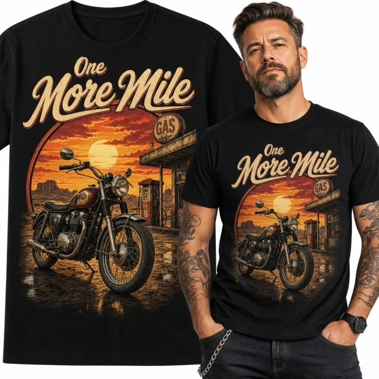 Koszulka męska „One More Mile” z motocyklem - motyw retro