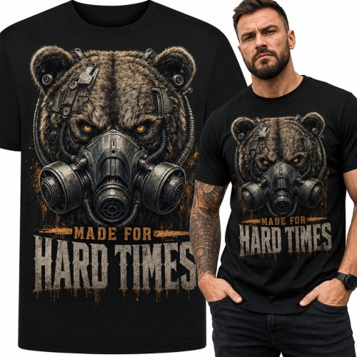 Koszulka męska z niedźwiedziem w masce przeciwgazowej „Made for Hard Times”