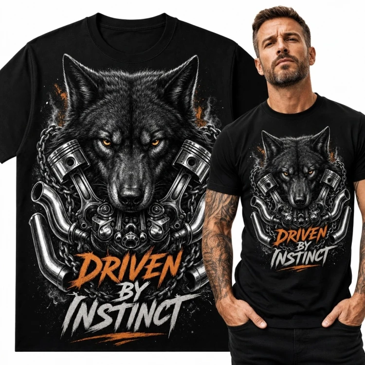 Koszulka męska z wilkiem i tłokami „Driven by instinct” - motoryzacyjna grafika