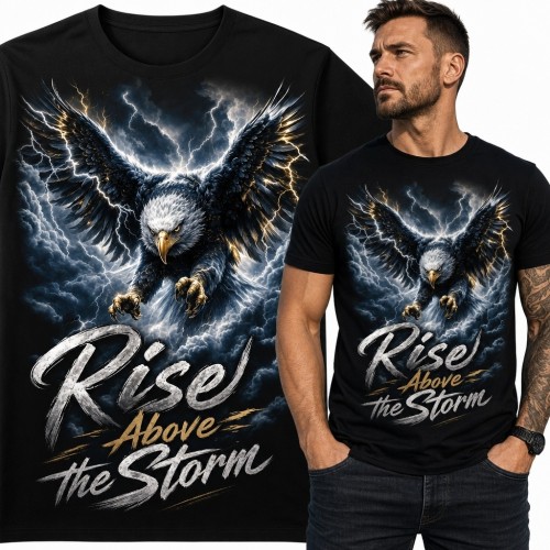 Koszulka męska z bielikiem i napisem „Rise Above The Storm” - motyw burzy