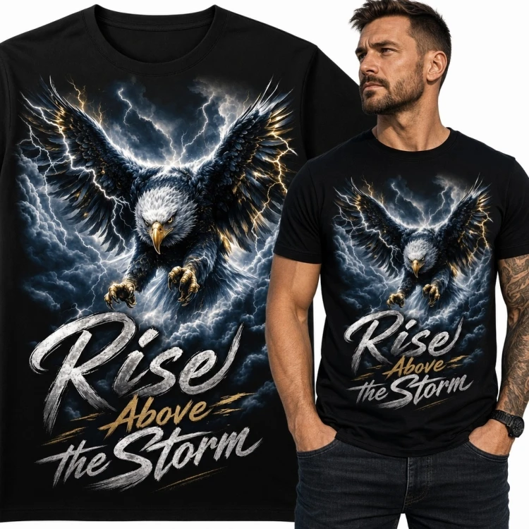 Koszulka męska z bielikiem i napisem „Rise Above The Storm” - motyw burzy
