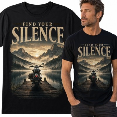 Koszulka męska z motocyklem nad górskim jeziorem i napisem „Find Your Silence” - vintage