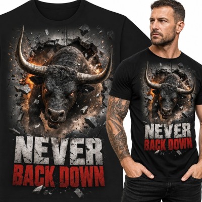 Koszulka męska z rozjuszonym bykiem „Never Back Down” - motyw siły i determinacji
