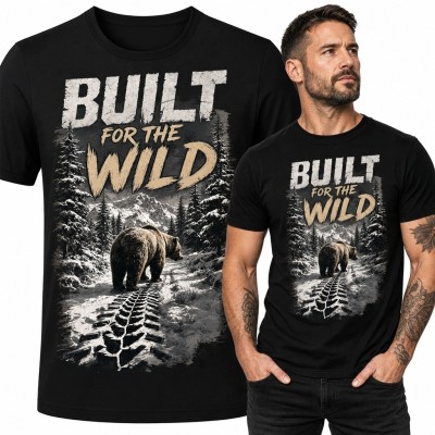 Koszulka męska z niedźwiedziem i napisem „Built for the Wild” - górski las