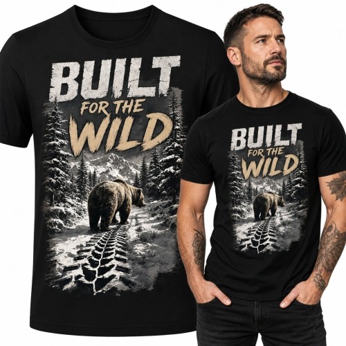 Koszulka męska z niedźwiedziem i napisem „Built for the Wild” - górski las