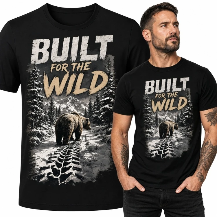 Koszulka męska z niedźwiedziem i napisem „Built for the Wild” - górski las