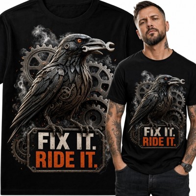 Koszulka męska dla mechanika z mechanicznym krukiem „Fix It. Ride It.” - industrialny wzór