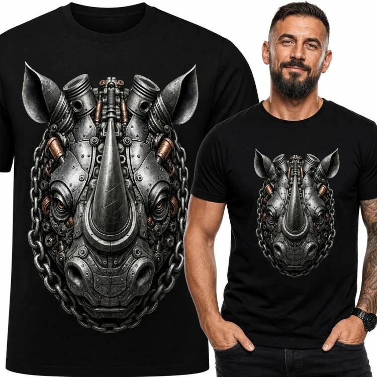 Koszulka męska z mechanicznym nosorożcem - steampunkowy wzór
