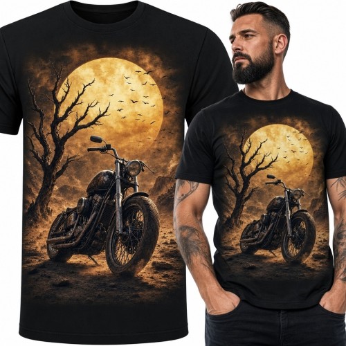 Koszulka męska z motocyklem custom na tle pełni księżyca - mroczny nadruk