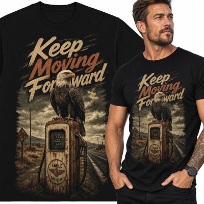Koszulka męska z orłem na starej pompie benzynowej „Keep Moving Forward” - retro Americana