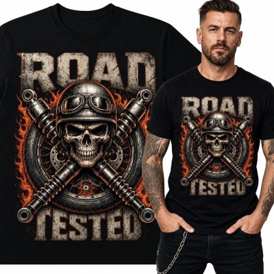 Koszulka męska z czaszką motocyklisty „Road Tested” - mroczny motyw motocyklowy