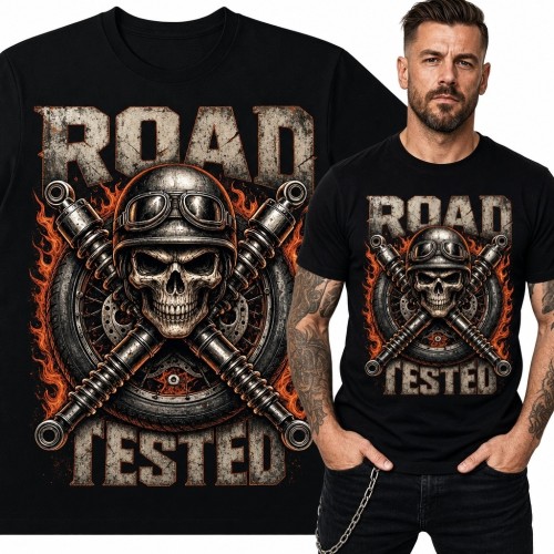 Koszulka męska z czaszką motocyklisty „Road Tested” - mroczny motyw motocyklowy