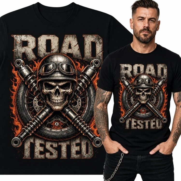 Koszulka męska z czaszką motocyklisty „Road Tested” - mroczny motyw motocyklowy