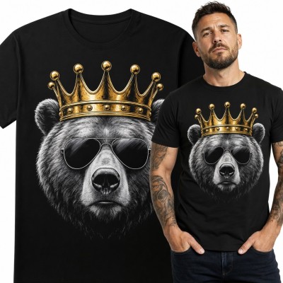 Koszulka męska z niedźwiedziem w złotej koronie i okularach - królewski streetwear