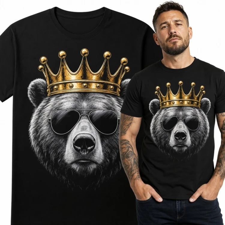 Koszulka męska z niedźwiedziem w złotej koronie i okularach - królewski streetwear