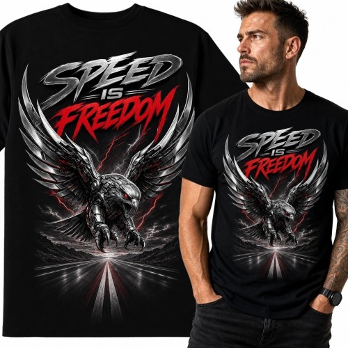 Koszulka męska z mechanicznym orłem „Speed is freedom” - motyw prędkości i wolności